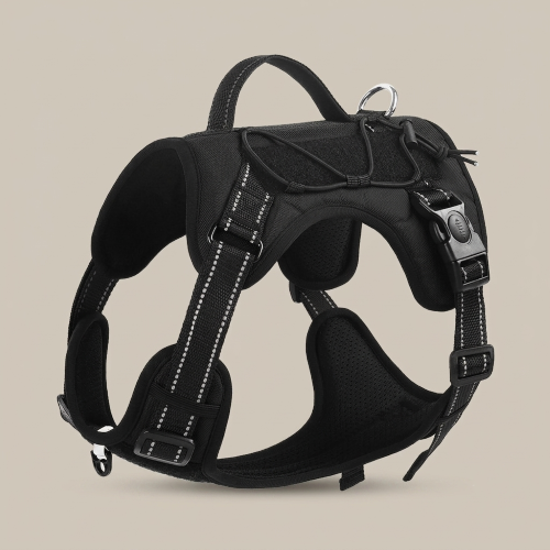 chien harnais anti traction noir couture réfléchissantes
