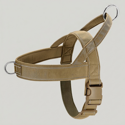 harnais anti traction pour chien kaki coutures réfléchissantes