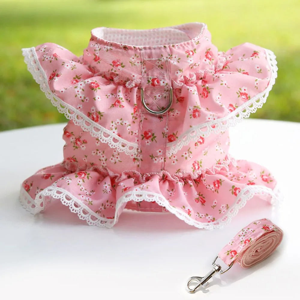 harnais petit chien nylon fleur rose gilet dentelle