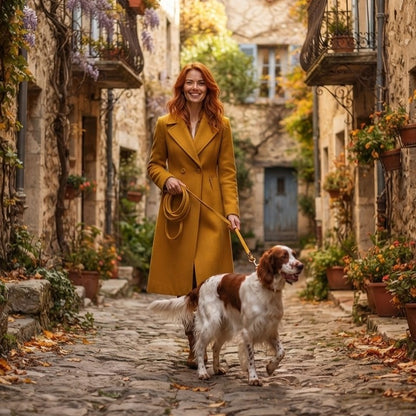 Longe biothane jaune moutarde lors d'une promenade