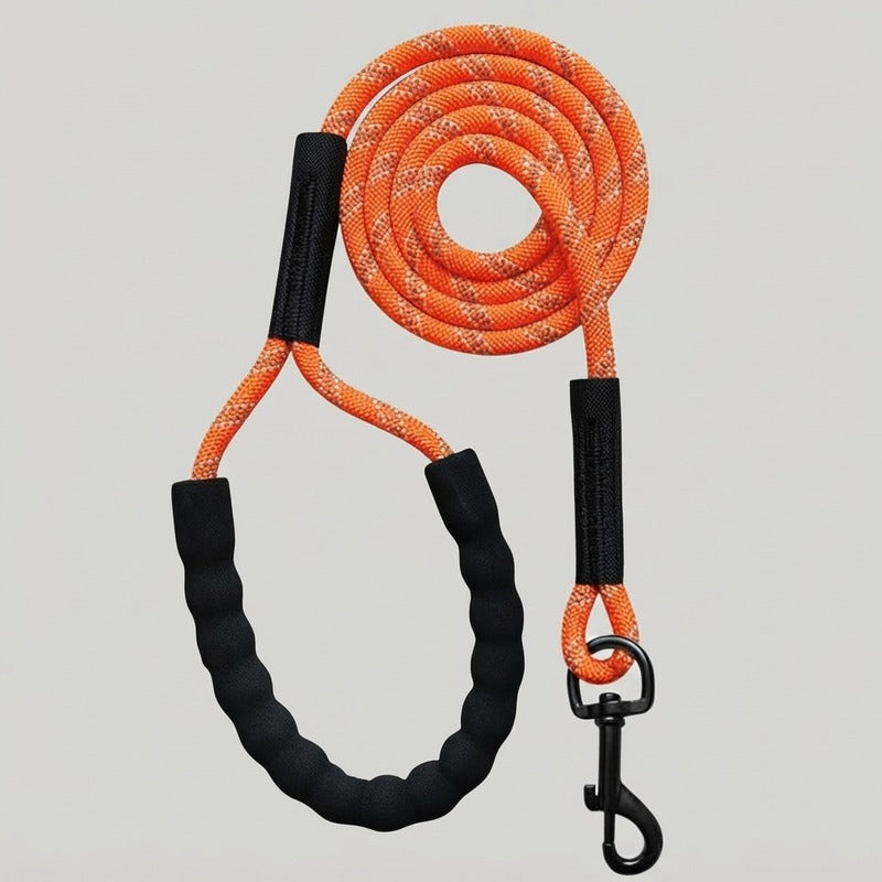 Longe chien corde orange réfléchissante, poignée rembourrée et mousqueton